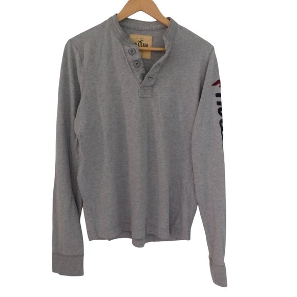 Hollister Henley Shirt Mens Large Gray Quarter Button Up Cotton Arm Spellout Y2K - Picture 7 of 7